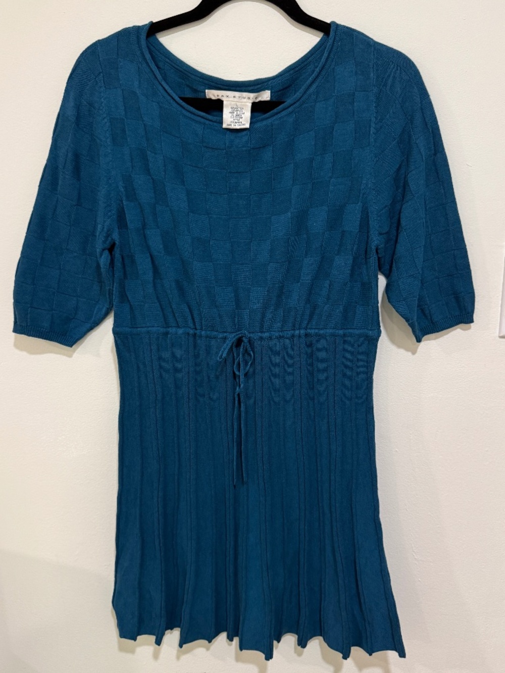 Y2K Studio M Knit Mini-Dress Teal Blue, Pleats & Tie Waist